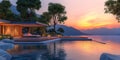 Luxurious Infinity Pool Villa at Sunset with Majestic Mountain and Tranquil Ocean Views Royalty Free Stock Photo