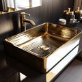 Luxurious interior golden brass sink and faucet double tap mixer in contemporary modern design with stone marble