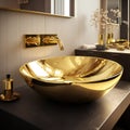 Luxurious interior golden brass sink and faucet double tap mixer in contemporary modern design with stone marble