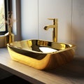 Luxurious interior golden brass sink and faucet double tap mixer in contemporary modern design with stone marble