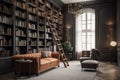 Luxurious interior of home library. Elegant furnished living room , luxury interior design - generative ai Royalty Free Stock Photo