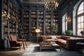 Luxurious interior of home library. Elegant furnished living room , luxury interior design - generative ai Royalty Free Stock Photo