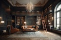 Luxurious interior of home library. Elegant furnished living room , luxury interior design - generative ai Royalty Free Stock Photo