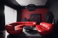 Luxurious interior with large red leather sofas and black designer objects. Modern classic style interior with red and black walls Royalty Free Stock Photo