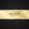 Luxurious invitation. Golden ribbon banner on a black background with a pattern of mesh. Realistic gold strip with an inscription.