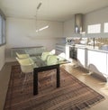 Luxurious kitchen with dining table and four chairs inside. A modern and stylized lamp hangs from the ceiling