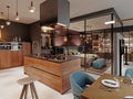 Luxurious kitchen modern style with wooden contemporary furniture and island with hood. Burgundy gray walls, black granite