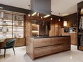 Luxurious kitchen modern style with wooden contemporary furniture and island with hood. Burgundy gray walls, black granite