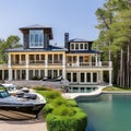 210 A luxurious lakeside mansion with expansive windows, a private boat dock, and opulent interiors showcasing exquisite craftsm