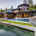 210 A luxurious lakeside mansion with expansive windows, a private boat dock, and opulent interiors showcasing exquisite craftsm