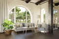 luxurious landhouse countryhouse apartment with arched window and landscape view noble interior living room design mock up 3D