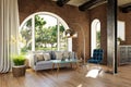 luxurious landhouse countryhouse apartment with arched window and landscape view noble interior living room design mock up 3D