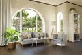 luxurious landhouse countryhouse apartment with arched window and landscape view noble interior living room design mock up 3D