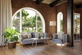 luxurious landhouse countryhouse apartment with arched window and landscape view noble interior living room design mock up 3D