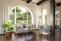 luxurious landhouse countryhouse apartment with arched window and landscape view noble interior living room design mock up 3D