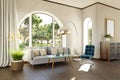 luxurious landhouse countryhouse apartment with arched window and landscape view noble interior living room design mock up 3D