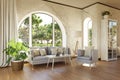 luxurious landhouse countryhouse apartment with arched window and landscape view noble interior living room design mock up 3D