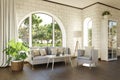 luxurious landhouse countryhouse apartment with arched window and landscape view noble interior living room design mock up 3D