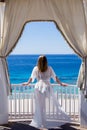 Luxurious Egypt nature landscape with a beautiful caucasian young woman at the resort of sharm el sheikh, back focus Royalty Free Stock Photo