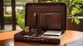 A luxurious leather briefcase unzipped to reveal an organized array of business essentials