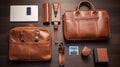 A luxurious leather briefcase unzipped to reveal an organized array of business essentials