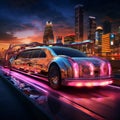 Luxurious Limousine Cruise in Futuristic Cityscape at Sunset