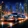 Luxurious Limousine Cruising Through Glamorous Cityscape at Twilight