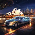 Luxurious Limousine outside a Glamorous Opera House in a Bustling Cityscape