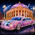 Luxurious Limousine outside a Glamorous Opera House in a Bustling Cityscape