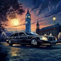 Luxurious Limousine Parked in Front of Grand Clock Tower