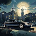 Luxurious Limousine Parked in Front of Grand Clock Tower