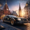 Luxurious Limousine Parked in Front of Grand Clock Tower