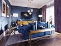 Luxurious living room in art deco style in a fashionable design, blue, brown, burgundy color