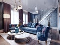 Luxurious living room in art deco style in a fashionable design, blue, brown, burgundy color