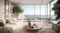 Luxurious Living Room with Breathtaking Ocean Views and Lush House Plants. Generative AI