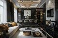 luxurious living room with a classic chandelier, marble accents, and a harmonious blend of modern and traditional design