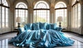 Luxurious living room detail with sofa covered with blue silk blanket and pillows. AI generated Royalty Free Stock Photo