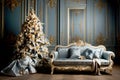 Luxurious living room interior with a sofa decorated with a chic Christmas tree in blue and gold color, gifts, Cozy winter scene Royalty Free Stock Photo