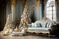 Luxurious living room interior with a sofa decorated with a chic Christmas tree in blue and gold color, gifts, Cozy winter scene Royalty Free Stock Photo