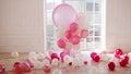 Luxurious living room with large window to the floor. Palace is filled with pink balloons Royalty Free Stock Photo
