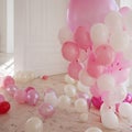 Luxurious living room with large window to the floor. Palace is filled with pink balloons Royalty Free Stock Photo