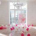 Luxurious living room with large window to the floor. Palace is filled with pink balloons Royalty Free Stock Photo