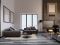 Luxurious living room in a loft design, with a high ceiling and a large corner sofa near the panoramic window. Large concrete