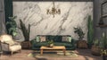 Elegant Living Room Decor Green Sofa, Marble Wall, Chandelier Royalty Free Stock Photo