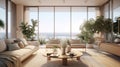 Luxurious living room with ocean views, house plants, bright and sunny, Generative AI