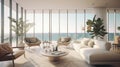 Luxurious living room with ocean views, house plants, bright and sunny, Generative AI