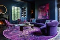 Luxurious living room with purple sofa, eclectic decor, and fireplace Royalty Free Stock Photo