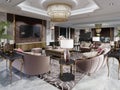 Luxurious living room with seating area with brown designer soft furnishings and wooden coffee table and decor console