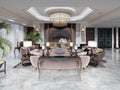 Luxurious living room with seating area with brown designer soft furnishings and wooden coffee table and decor console