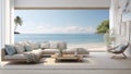 Luxurious living room with windows looking out in the style of seascapes with air beach scenes